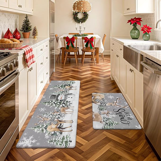 SHACOS Christmas Kitchen Rugs Set of 2 Anti-Fatigue Kitchen Mats Cushioned Christmas Deer Forest Trees Farmhouse Kitchen Mats and Rugs for Xmas 17x27.5+17x47, Forest Deer