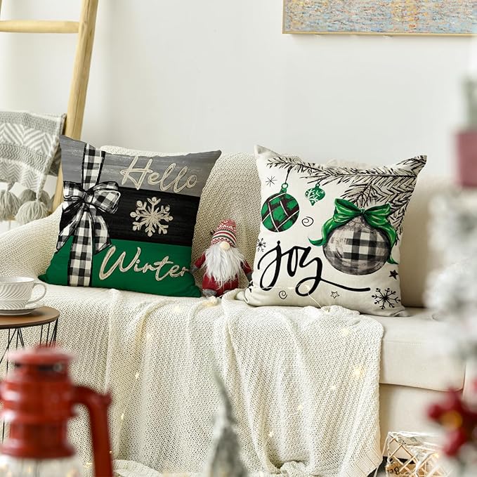 AVOIN colorlife Merry Christmas Joy Xmas Trees Green Throw Pillow Covers, 18 x 18 Inch Christmas Winter Holiday Cushion Case Decoration for Sofa Couch Set of 4