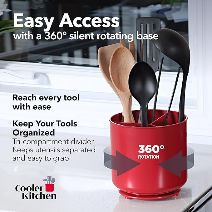 Extra Large Rotating Red Utensil Holder with Sturdy No-Tip Weighted Base, Removable Divider, and Gripped Insert | Rust Proof and Dishwasher Safe Kitchen Utensils Holder by Cooler Kitchen 7*7 Inches
