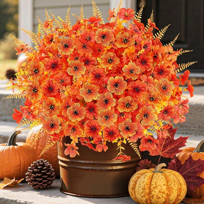 16PCS Artificial Fall Flowers for Outdoors, Realistic Faux Silk Flowers with Eucalyptus & Ferns, Fake Plants for Outside Planter, Patio, Porch, Garden Decor(Mixed)