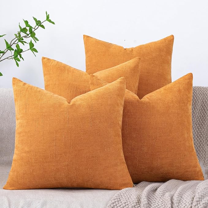 Set of 4 Soft Textured Decorative Throw Pillow Covers 16x16 Inch Cozy Farmhouse Cushion Cover Square Accent Pillow Cases for Bed Couch Sofa Living Room, Orange
