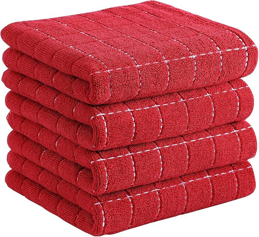 Homaxy 100% Cotton Terry Kitchen Towels(Red, 13 x 28 inches), Checkered Designed, Soft and Super Absorbent Dish Towels, 4 Pack