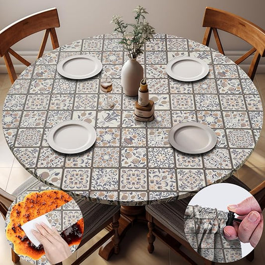 Fitted Farmhouse Round Tablecloth for 36-44" Tables Stain Resistant Vinyl Manteles Redondos para Mesa Apartment Kitchen Equipment Camping Picnic Products Womens Mens Cool Useful Gift Ideas