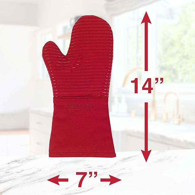 All Clad Silicone Oven Mitt: Heat Resistant up to 500 Degrees - 100% Cotton & Silicone, 14"x7" Oven Mitt for Kitchen and Barbeque, 1-Pack, Chili