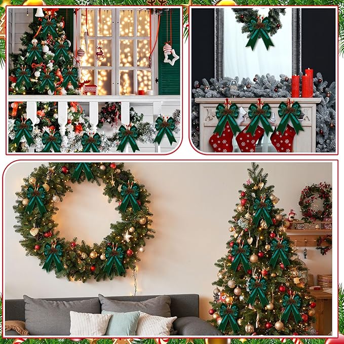 Syhood 6 Pcs Christmas Velvet Bow with Pine Cones Pine Needles Berries Xmas Dark Green Ribbon Bow Ornaments 6.3 x 5.1 Inch for Christmas Tree Wreath Garden Fireplace Crafts DIY Decor