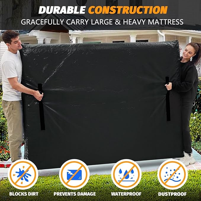Mattress Bags for Moving, BETU Mattress Protector Waterproof Mattress Cover Queen Size Storage Bags with 8 Heavy-Duty Handles and Zipper for Bed Extra Thick Large Reusable(2 Pack, 82"x62"x15" Black)