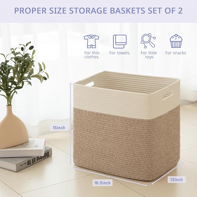 OIAHOMY Storage baskets for Shelf, Large Collapsible Storage Bins, Blanket Basket Living Room, 16.5 x 13 x 15 Inches-Pack of 2-Brown