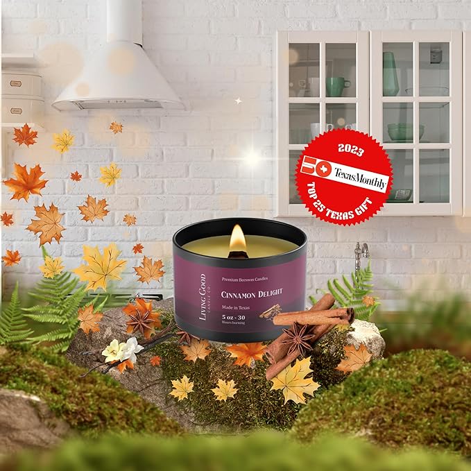 Fall Fresh Cinnamon Bark Essential Oil - Warm & Spicy Pure Beeswax Candle - 30+ Hours Long Burning - Non-Toxic Scented Candles for Autum Home Decor & Aromatherapy for Anxiety Relief - Natural - 5 OZ