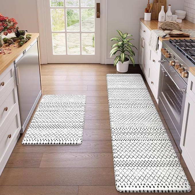 KIMODE Kitchen Mats for Floor Cushioned Anti Fatigue, Boho Kitchen Rugs Sets of 2, Non Slip Kitchen Floor Mats,Comfort Standing Mats for Sink Laundry Desk Black and White 20"x71"+20"x32"