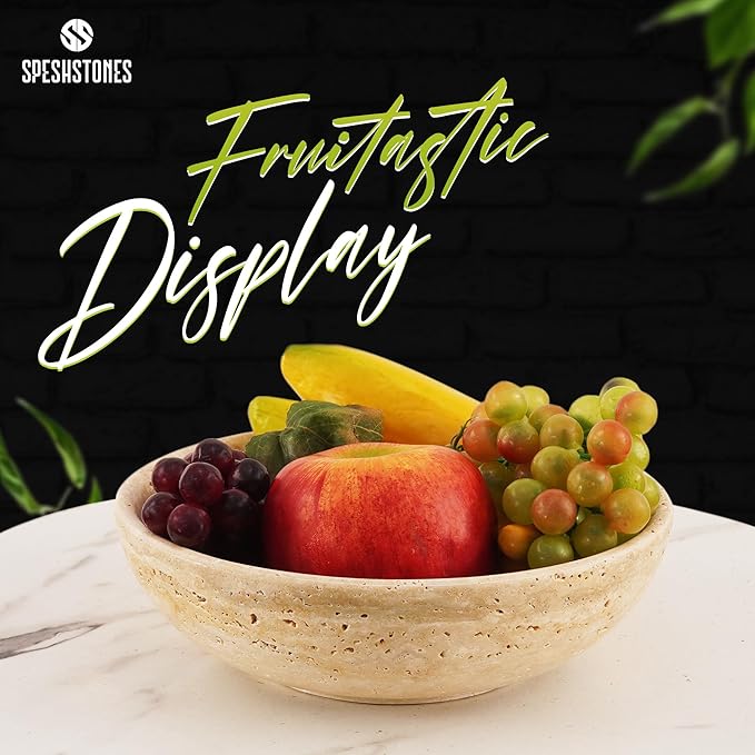 Marble Fruit Bowl 8 Inch Handmade Travertine Large Decorative Bowls For Kitchen Counter, Dining & Coffee Table Centerpiece - Modern Pedestal Bowl for Entryway and Home Decor