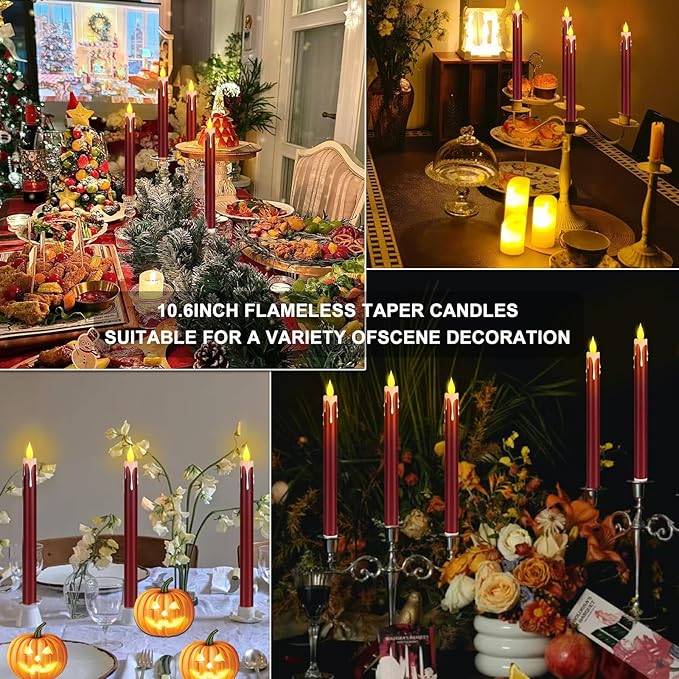 Flameless Taper Candles 10.6" Dripless Battery Operated Taper Candles Included Remote Timer 400+ Hours by 2AA Batteries for Halloween Christmas Wedding (Burgundy+White, 24 Pack)