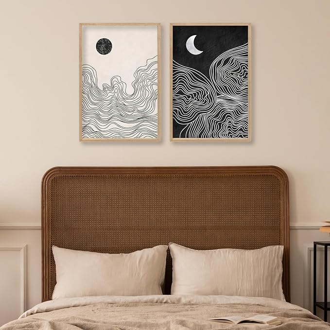 Black and White Sun Moon Boho Wall Art 16"x11" 2 Pieces Wooden Framed Mid Century Abstract Minimalist Home Sign for Living Room Bedroom Office Neutral Wall HangIing Decor (Wood)