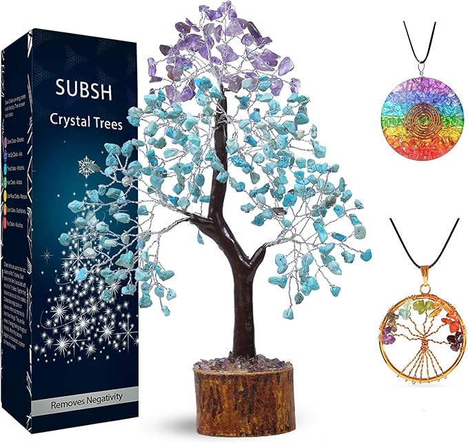 Amethyst & Turquoise Gemstone Tree with 2 Chakra Pendants, Crystal Tree, Fake Plants Home Decor, Birthday Gifts for Women, Office Desk Accessories, Crystals and Healing Stones, Room Decor
