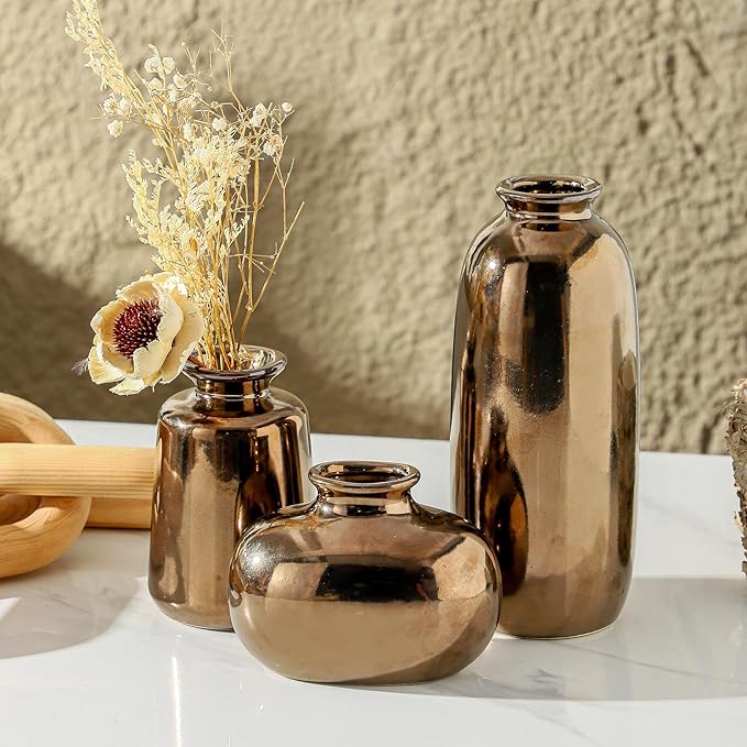 Ceramic Vase Set of 3,Brown Modern Farmhouse Pottery Vases, Neutral Rustic Vases for Pampas Grass, Dried & Fresh Flowers - Ideal for Bedroom, Living Room, Bookshelf, Mantel, Centerpiece Table Decor