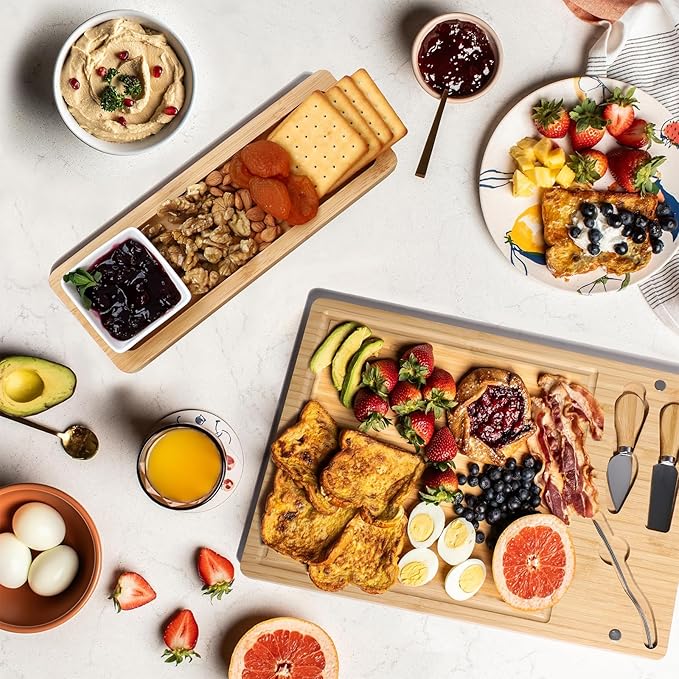 Charcuterie Boards Bamboo Cheese Board with Knife Set, Serving Tray, Gifts for Women, Housewarming Gifts for New Home, Wedding Gift for Couples 2025 (With 1 Bowl)