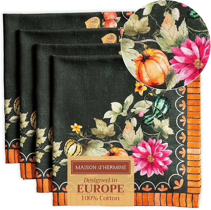Maison d' Hermine Cloth Napkins Set of 4 100% Cotton Everyday Reusable Square Napkins Cloth Washable, Dinner, Party, Wedding, Restaurant (Pumpkin Garden - Dark Green, 20" x 20")
