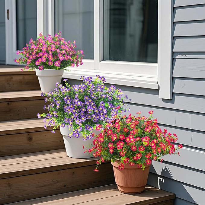 Outdoor Artificial Flowers UV Resistant & Fade Proof, 12 Pack Realistic Fake Flowers for Garden, Patio, Lawn Decor - Weatherproof Plastic Plants (Rose Red)