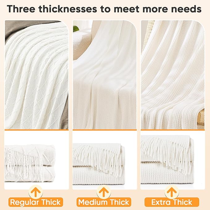 inhand Knitted Throw Blanket for Couch Bed,Chunky Chenille Woven Soft Blankets with Tassels, Cozy Boho Farmhouse Fall Winter Decor,Warm for Women,60"x80",Extra Thick-Off White