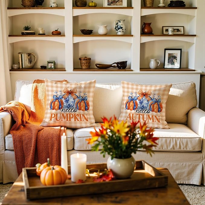 Chinoiserie Fall Pumpkin Pillow Covers 18x18 Set of 2,Autumn Decor,Blue and White Orange Chinoiserie Pumpkin Decorative Throw Pillow Covers for Home Bedroom Living Room
