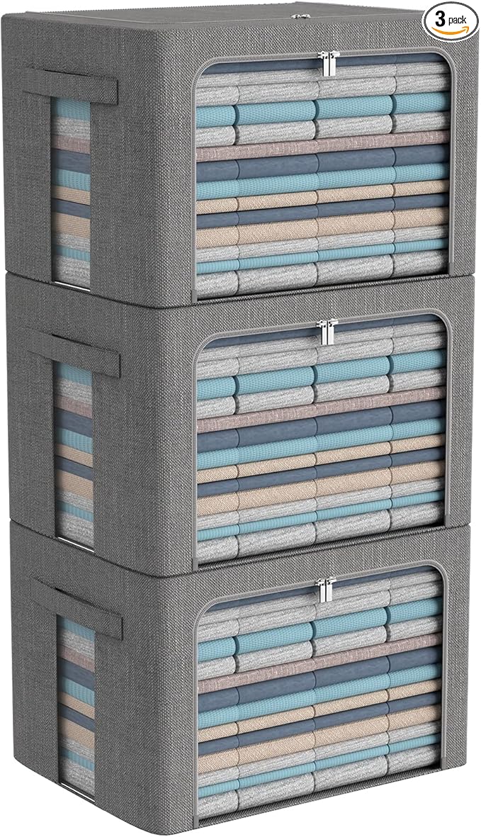 3Pack Foldable Storage Bins - Frame Storage Box Linen Fabric Stackable Clothes Container Organizer with Clear Window & Carry Handles Large Capacity (Large-66L, Dark Gray)