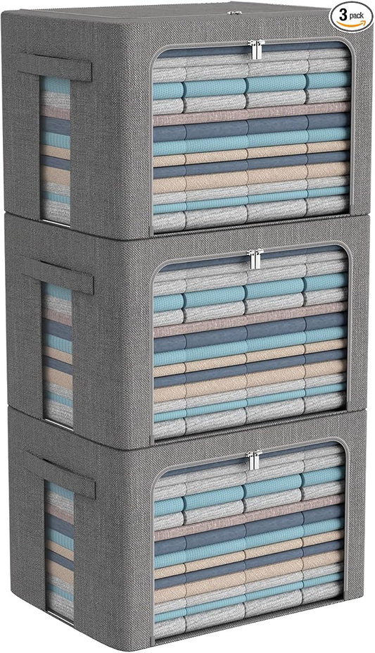 3Pack Foldable Storage Bins - Frame Storage Box Linen Fabric Stackable Clothes Container Organizer with Clear Window & Carry Handles Large Capacity (Large-66L, Dark Gray)