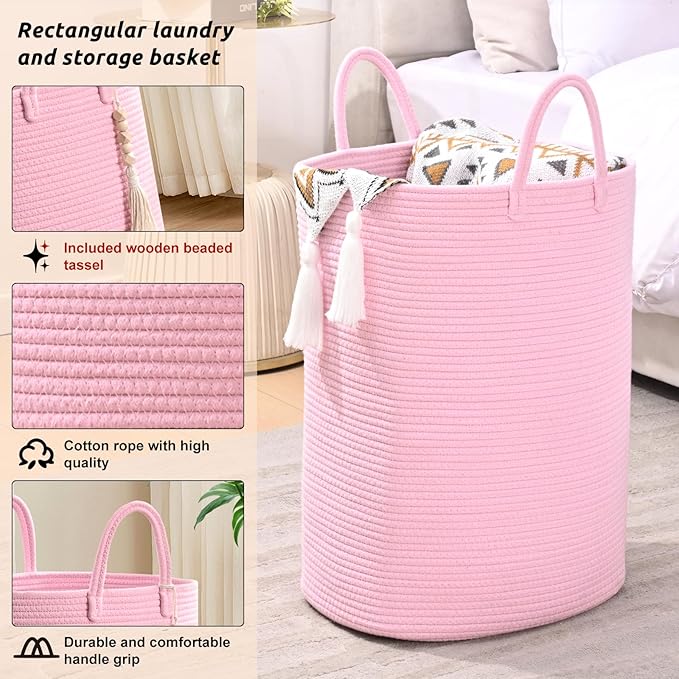 Woven Laundry Basket for Clothes, 65L Large Rectangle Laundry Hampers, Nursery Storage Basket for Toys, Tall Dirty Clothes Hamper for Bedroom Aesthetic, Bathroom, Laundry Room