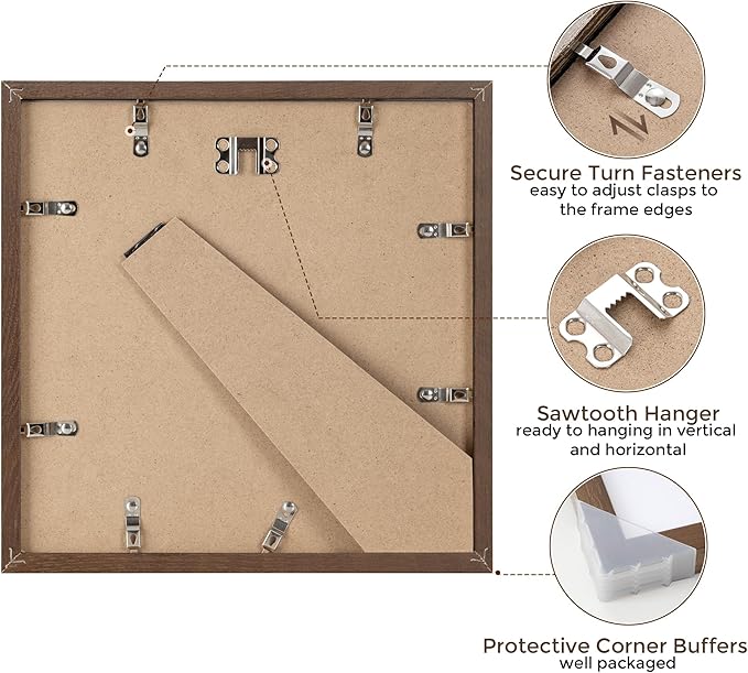 Fun Memories 10x10 Picture Frames, Square Frame 10 by 10 with Mat for 8 by 8, Rustic Oak Wood Frame 10"x10", 10 x 10 Wood Frame Set of 4, Minimalist 10x10 Photo Frames, Walnut Color