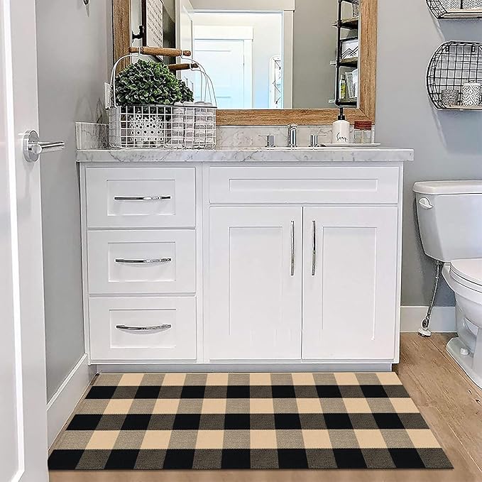 KOZYFLY Buffalo Plaid Area Rugs 2x4.3 Ft Brown and Black Checkered Rug Washable Front Door Mat Hand Woven Cotton Outdoor Rugs Small Rug for Front Porch Kitchen Entryway Patio Bathroom
