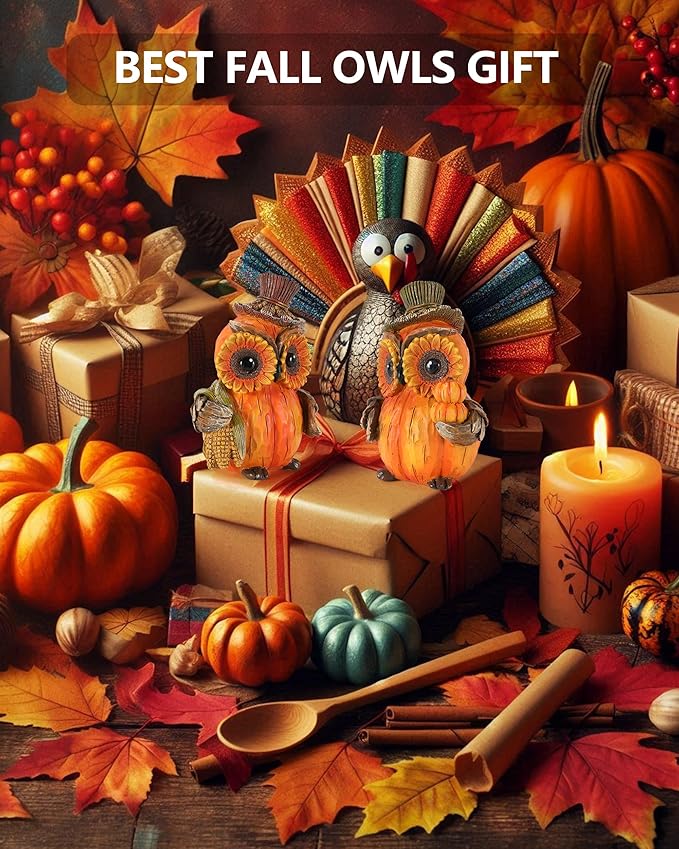 2-Pack Resin Owl Figurine 4.7'' - Thanksgiving Table Decor Harvest Pumpkins Corns Decorations Indoor Autumn Centerpieces Favors Gifts for Women All Ages