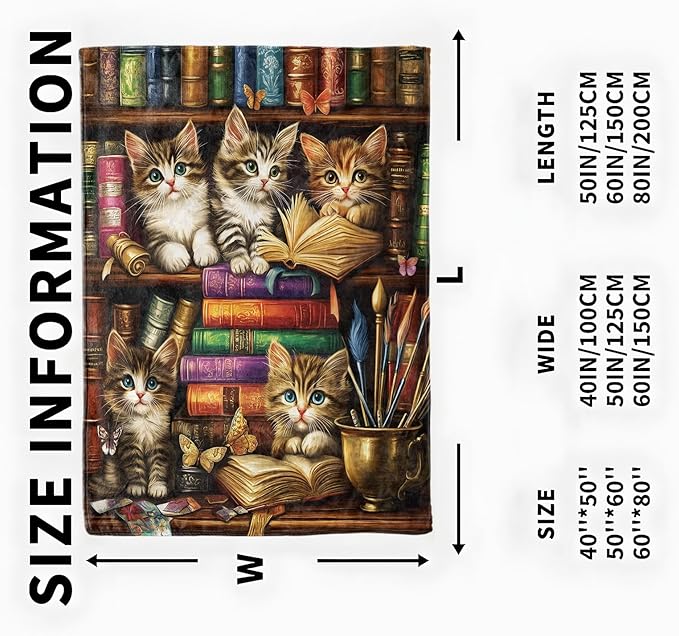 Bookcase Kitten Blanket, Cozy Flannel Cute Cats with Books Throw Blanket, Soft Fuzzy Blankets for Travel Home Decor, All Season Lightweight Couch Bed Cover, Gifts for Women Adults Kids 60"×80"