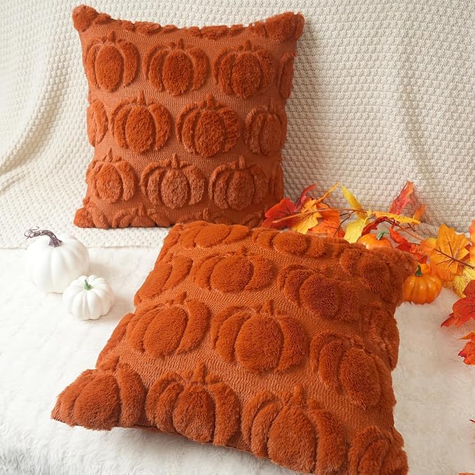 GEEORY Fall Pumpkins Soft Plush Pillow Covers, 20 x 20 Inch Set of 2, Fluffy Faux Fur Wool Decorative Farmhouse Cushion Case for Sofa Home Decoration Rust Pumpkin GC019-20