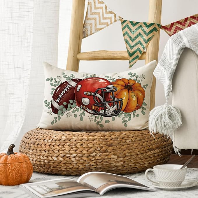 AVOIN colorlife Fall Football Pumpkin Throw Pillow Cover 12x20 Inch, Seasonal Autumn Eucalyptus Leaves Thanksgiving Harvest Cushion Case Decoration for Sofa Couch