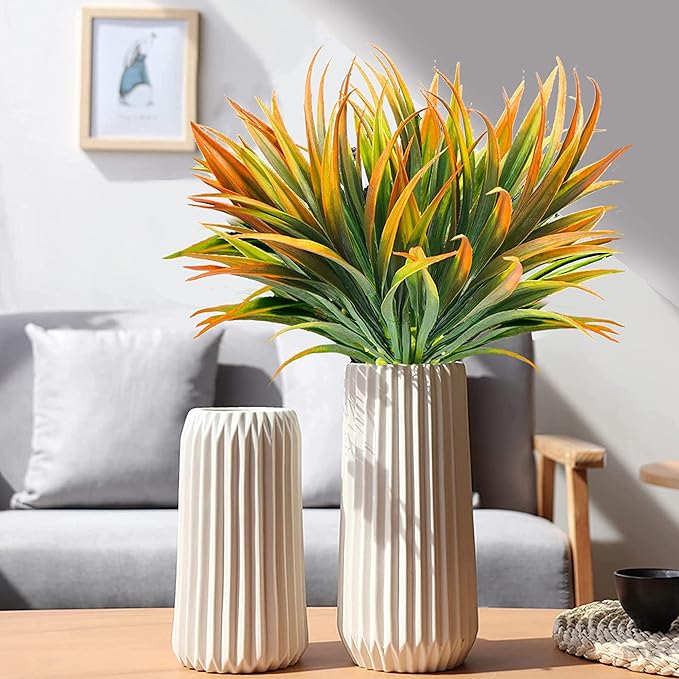 8pcs Artificial Fall Flowers Outdoor Decoration, Fake Fall Plants Outdoor Faux Yellow Grass, UV Resistant Bushes & Shrubs for Autumn Winter Front Porch Pathway Patio Yard (Orange)