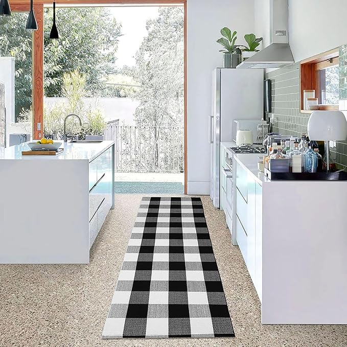 KOZYFLY Buffalo Plaid Rug 2x6 Ft Black and White Runners for Hallways Washable Checkered Rug Cotton Kitchen Runner Carpet Runner Rugs for Entryway Bedroom Living Room Farmhouse Runner Rug