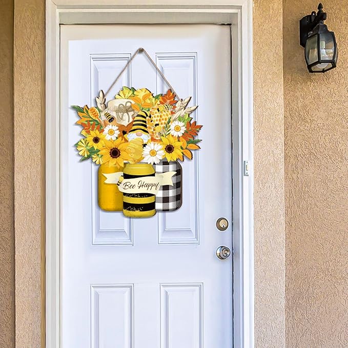 Bee Welcome Sign Wooden Yellow Bee Sign Bee Flower Gnome Wood Hanging Door Decor Farmhouse Porch Outdoor Front Door Decorations Supplies (Bee Style)
