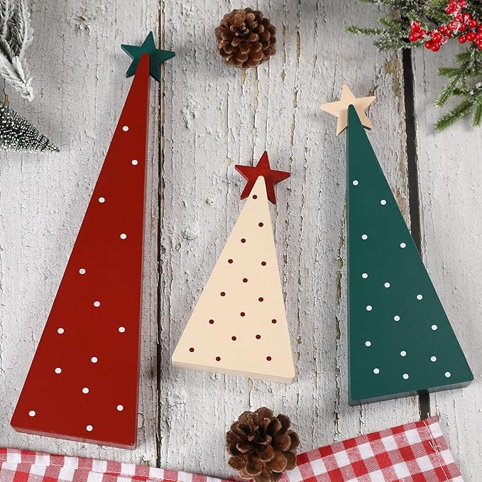 Christmas Decorations-Three Sizes Wooden Tree Sign with Star-Christmas Decorations for Home Shelf Mantel Fireplace Table Party Decor