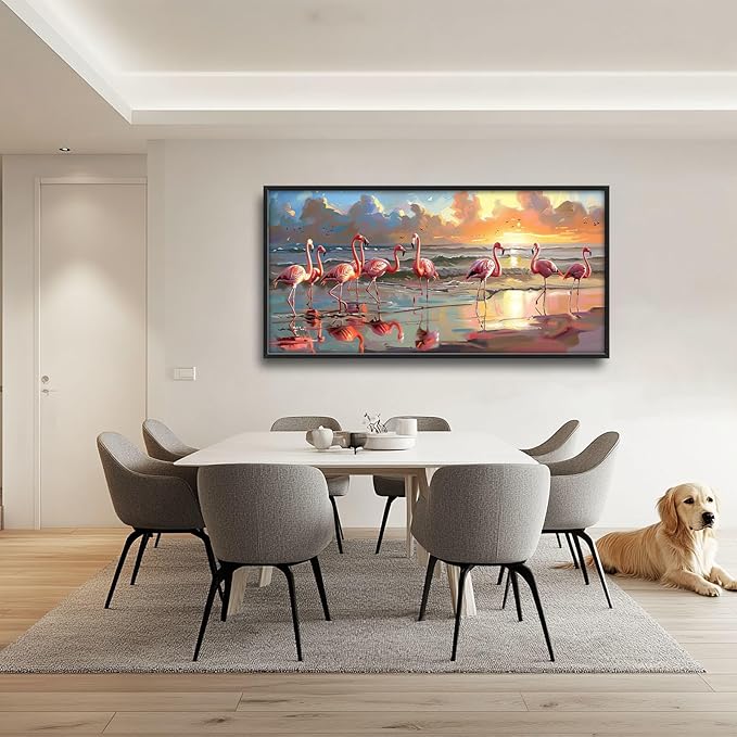 Flamingo Large Wall Art Coastal Beach Sunrise Pictures Wall Decor Seascape Canvas Print Painting Artwork for Bathroom Living Room Bedroom 60L"x30W"