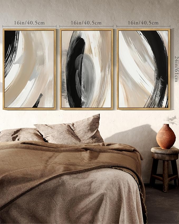 KUVIOKE Black Neutral Abstract Framed Wall Art Modern Minimalist Graffiti Pastel Wall Decor Art for Bedroom Living Room Hallway Ready to Hang 16x24in (Natural Framed)