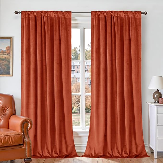BGment Terracotta Fall Velvet Curtains 102 Inches for Living Room, Thermal Insulated Blackout Curtains Luxury Super Soft Drapes with Back Tab Rod Pocket for Bedroom, Set of 2 Panels, 52 x 102 Inch