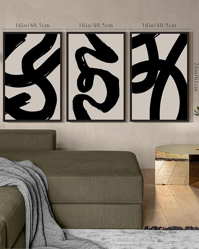 KUVIOKE Black Abstract Framed Wall Art Ink Wash Minimalist Lines Painting Artwork for Bedroom Living Room Hallway Decor Ready to Hang 16x24in (Black Framed)