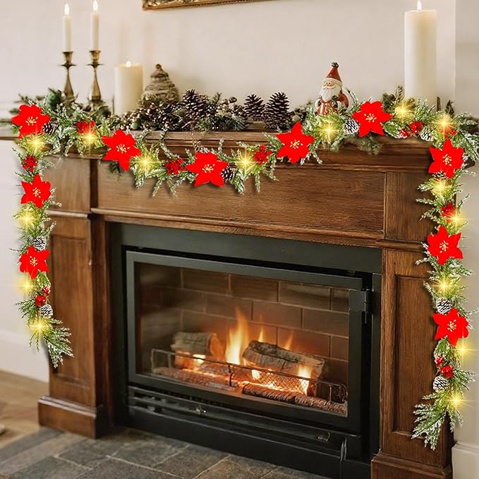 DR.DUDU 9 FT Pre-lit Artificial Christmas Garland with 30 LED Lights, Battery Powered with Pine Cones, Red Berries, Pine Needles, Lighted Christmas Wreath for Holiday Party, Xmas Tree Decorations