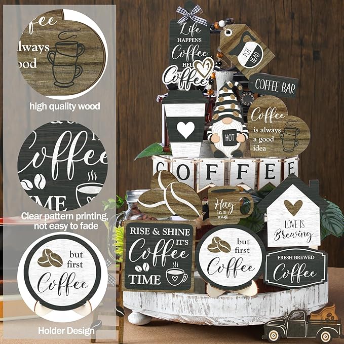 Yaomiao 21 Pcs Coffee Tiered Tray Decor Set Wooden Coffee Bar Decor Rustic Farmhouse Bar Decorations Wooden Table Sign Ornament for Table Kitchen Station Tray Shelf