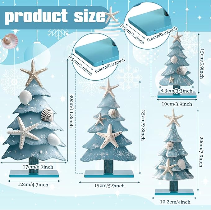 Barydat 4 Pcs Blue Coastal Christmas Table Decorations Wooden Ocean-Themed Christmas Tree Centerpieces Table Decor for Xmas Party Gifts Home Indoor Home Kitchen Office Room Decor