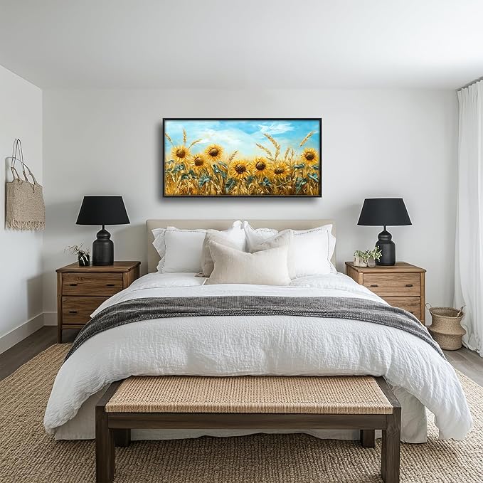 Olivine Large Wall Art, Sunflower Pictures Wall Decor, Sunflower Wheat Painting, Nature Landscape Canvas Prints, Framed Artwork for Living Room Bedroom Bathroom Office Home Decoration 60"x30"