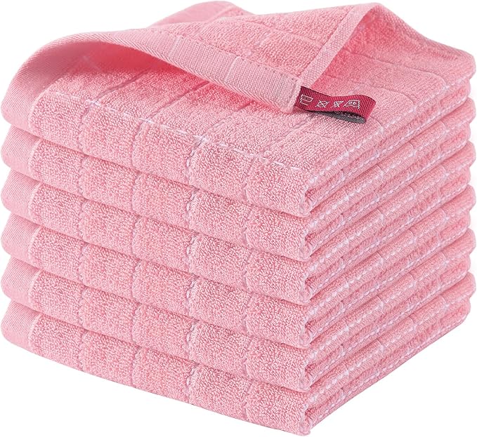 Homaxy 100% Cotton Terry Kitchen Dish Cloths, Ultra Soft and Absorbent Dish Towels for Kitchen, Suitable for Drying and Washing Dishes, 6 Pack, 12 x 12 Inches, Pink