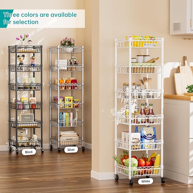 SINGAYE Shelf 6 Tier Wire Shelving Unit with Wheels Baskets Storage Rack Corner Shelves Adjustable Closet Bathroom Organizers Metal Pantry Kitchen Garage Laundry Room 13.5" D x 13.5" W x 63" H White