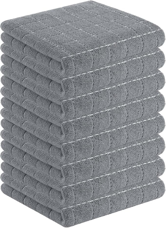 Homaxy 100% Cotton Terry Kitchen Towels(Grey, 13 x 28 inches), Checkered Designed, Soft and Super Absorbent Dish Towels, 8 Pack