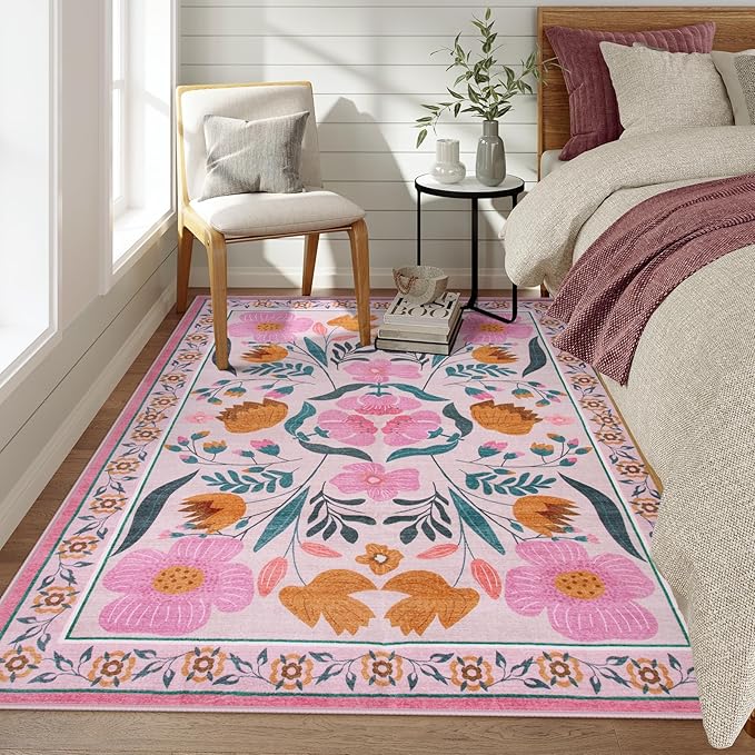 Beeiva Pink Flower 5x7 Rugs for Bedroom Girls, Nursery Rug for Dorm Carpet with Low-Pile Non Slip, Soft Floral Indoor Ultra-Thin Carpet for Classroom Living Dining Room Décor (Pink,5'x7')