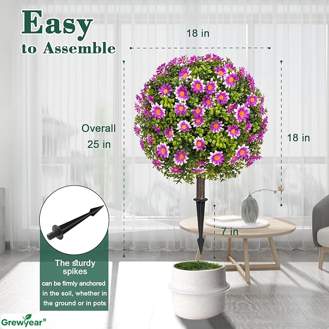 Set of 2 Artificial Topiary Ball Trees with Purple Mum, Faux Boxwoods for Outdoor Planters with Ground Spike, UV Resistant Artificial Outdoor Plants for Porch, Fake Bushes Round Shrub