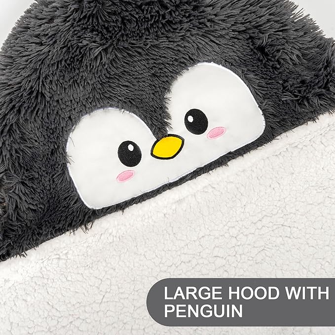 Penguin Wearable Hooded Blanket for Adults - Fluffy Super Soft Shaggy Faux Fur, Fuzzy Warm Cozy Plush Furry Fleece & Sherpa Hoodie Throw Cloak Wrap - Penguin Gifts for Women Adults and Kids